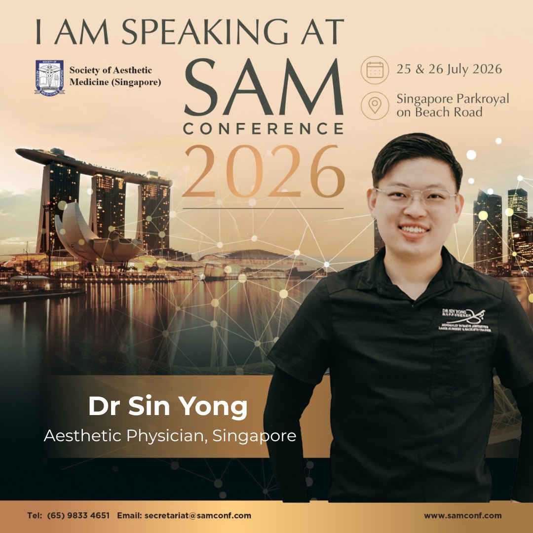 Official SAM Conference 2026 speaker card — Dr. Sin Yong, Aesthetic Physician, Singapore